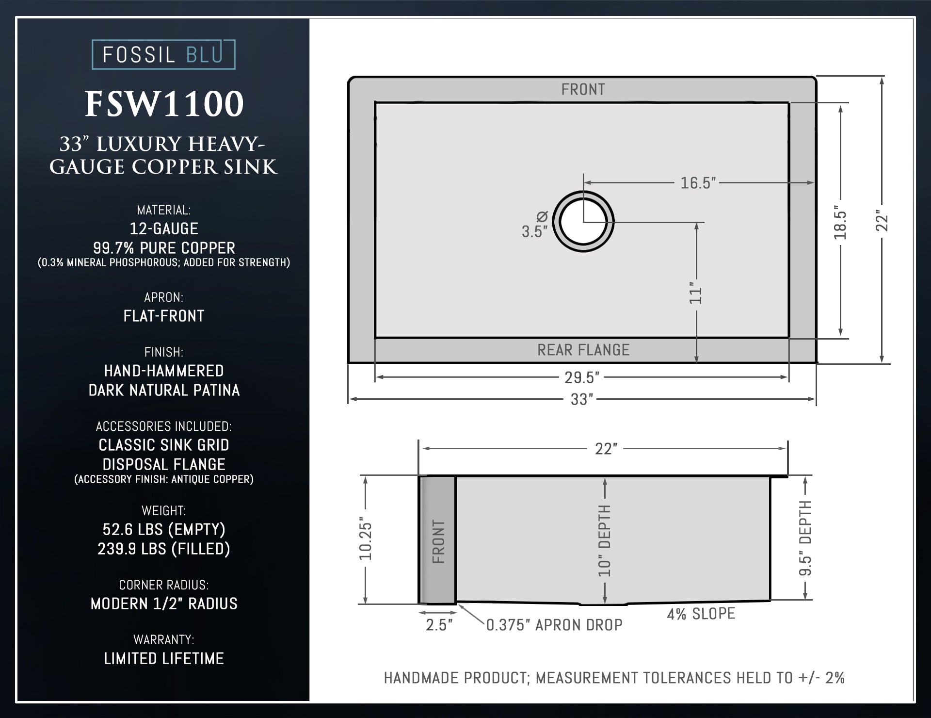 FSW1100 LUXURY 33-INCH HEAVY 12-GAUGE DARK PATINA COPPER FARMHOUSE SINK, INCLUDES ACCS, FLAT FRONT