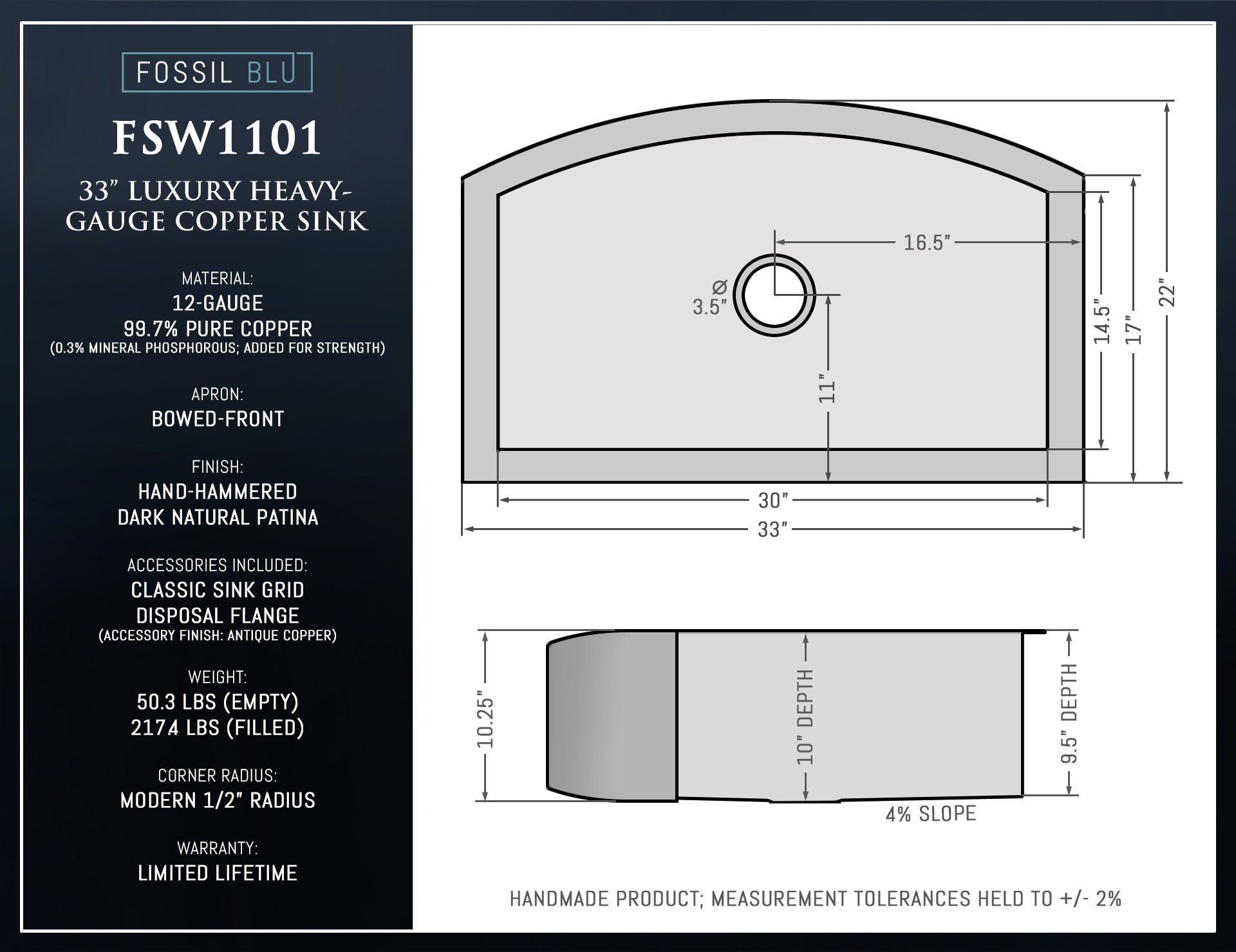 FSW1101 LUXURY 33-INCH HEAVY 12-GAUGE DARK PATINA COPPER FARMHOUSE SINK, INCLUDES ACCS, CURVED FRONT