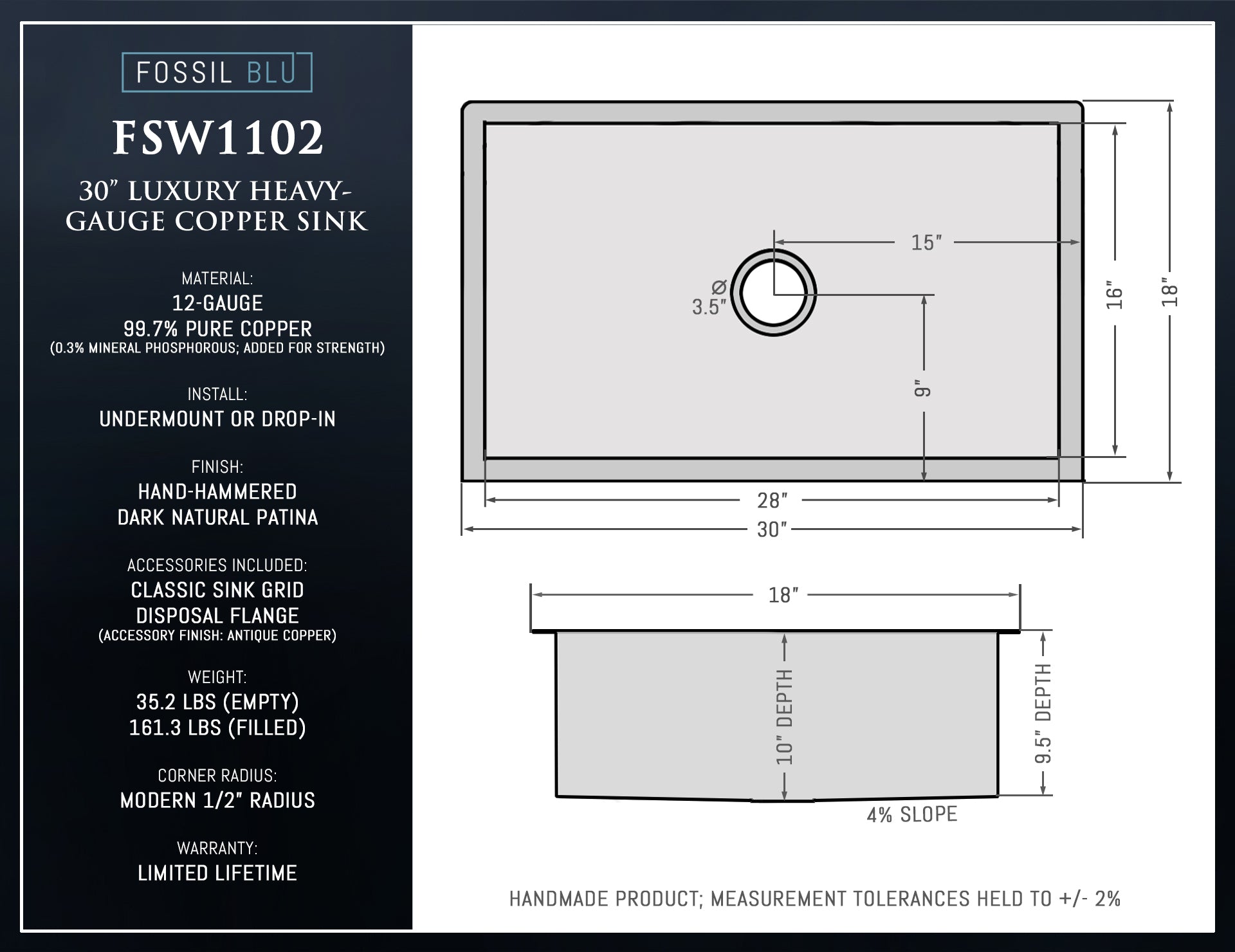 FSW1102 LUXURY 30-INCH HEAVY 12-GAUGE DARK PATINA COPPER UNDERMOUNT / DROP-IN SINK, INCLUDES ACCS