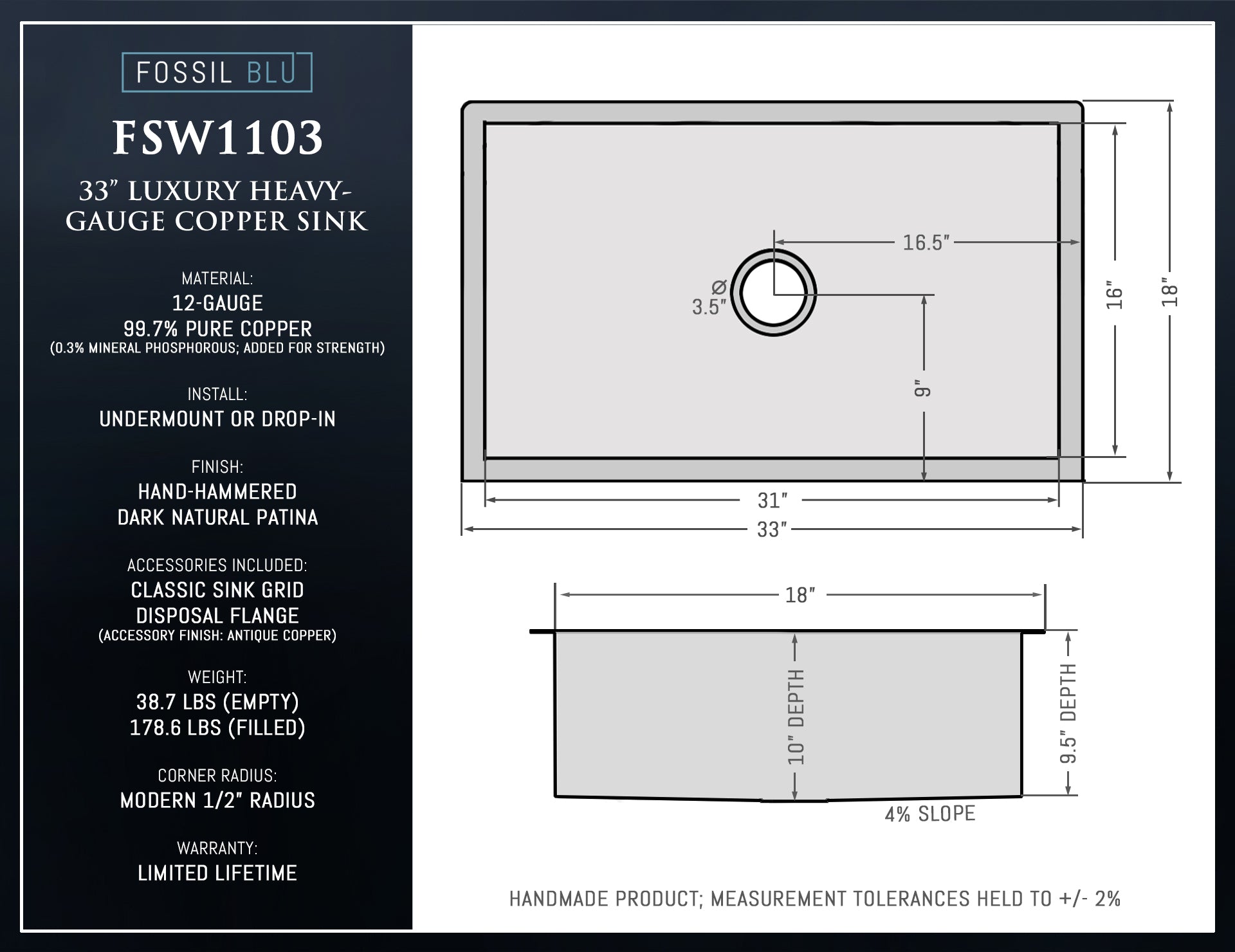 FSW1103 LUXURY 33-INCH HEAVY 12-GAUGE DARK PATINA COPPER UNDERMOUNT / DROP-IN SINK, INCLUDES ACCS