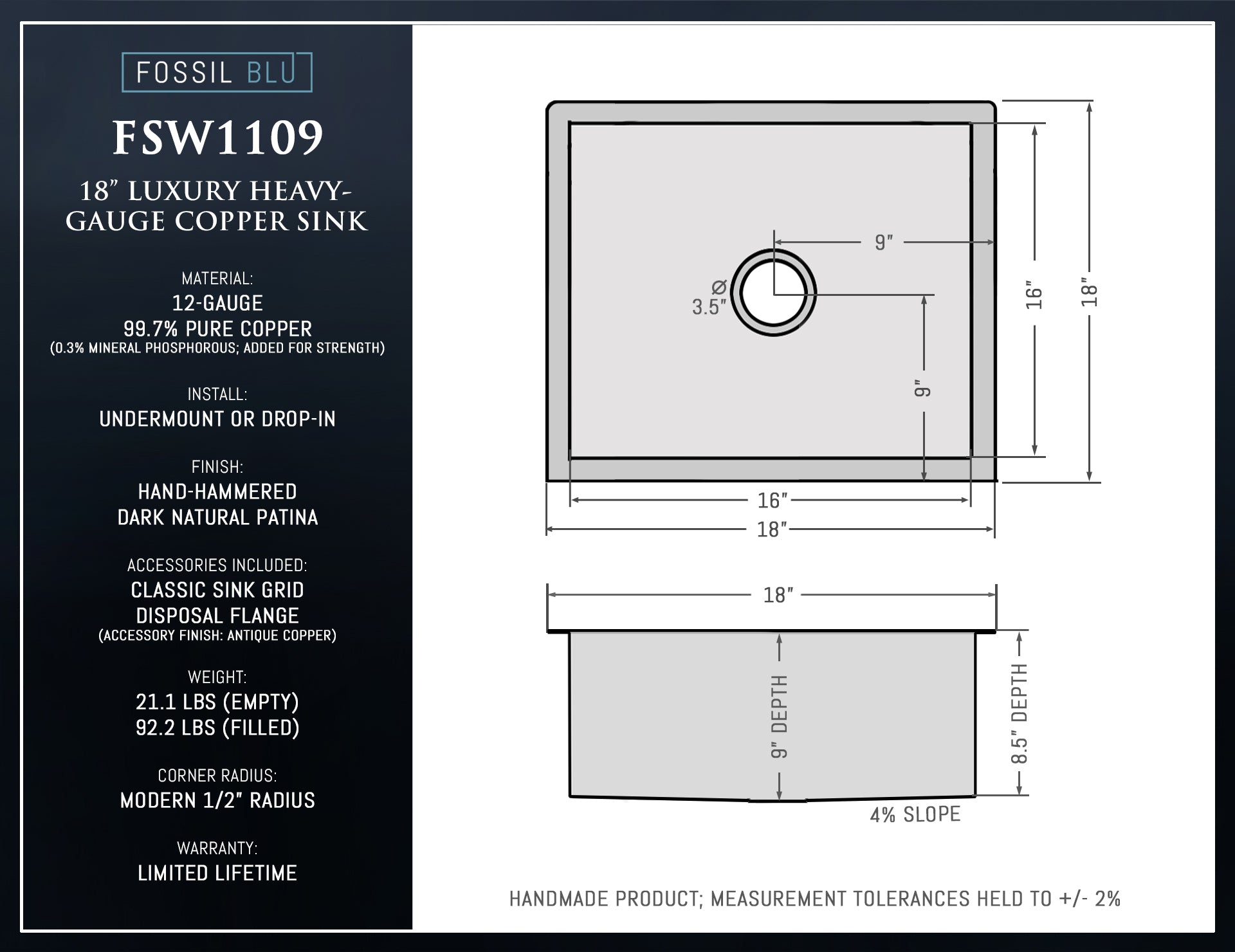 FSW1109 LUXURY 18-INCH HEAVY 12-GAUGE DARK PATINA COPPER UNDERMOUNT / DROP-IN BAR SINK OR PREP SINK, INCLUDES ACCS