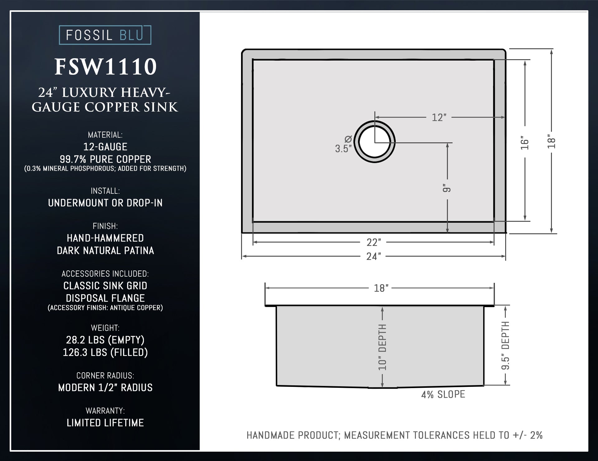 FSW1110 LUXURY 24-INCH HEAVY 12-GAUGE DARK PATINA COPPER UNDERMOUNT / DROP-IN SINK, INCLUDES ACCS