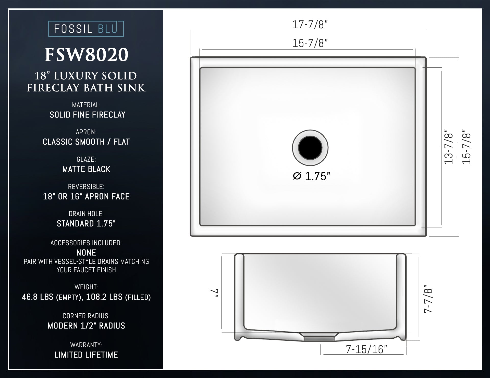 FSW8020 LUXURY 18 x 16 INCH REVERSIBLE SOLID FIRECLAY BATHROOM FARMHOUSE SINK IN MATTE BLACK, FLAT FRONT