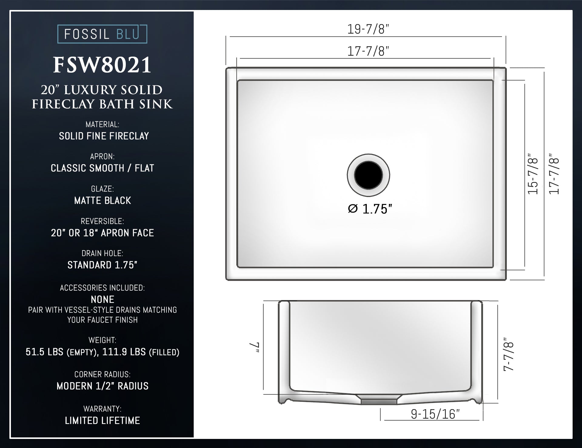 FSW8021 LUXURY 20 x 18 INCH REVERSIBLE SOLID FIRECLAY BATHROOM FARMHOUSE SINK IN MATTE BLACK, FLAT FRONT